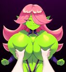  ambiguous_gender big_breasts breast_grab breasts dart_(thecon) female female/ambiguous goblin green_body green_skin hair hair_over_eye hand_on_breast hi_res huge_breasts navel not_furry one_eye_obstructed pink_hair pupil simple_background smile thecon 