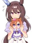  2girls admire_vega_(umamusume) animal_ears brown_hair character_doll crown ear_covers ear_piercing hair_between_eyes highres horse_ears horse_girl horse_tail long_hair looking_at_viewer moe_(lmi84) multiple_girls open_mouth piercing purple_eyes school_uniform short_hair short_sleeves simple_background single_ear_cover skirt smile t.m._opera_o_(umamusume) tail tilted_headwear tracen_school_uniform umamusume white_background white_skirt 