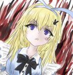  1girl alice_(black_souls) anger_vein angry black_ribbon black_souls blonde_hair blue_dress blue_eyes commentary dress frown hair_ribbon looking_at_viewer rabbit_house_uniform ribbon xes01x 