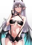  1girl bikini bikini_top_only black_choker black_gloves black_shorts blush breasts choker cleavage closed_mouth commentary demon_horns demon_wings ear_piercing english_commentary fingerless_gloves gloves grey_eyes grey_hair hair_ornament hairclip hand_up highres horns indie_virtual_youtuber long_hair looking_at_viewer medium_breasts navel piercing pointy_ears short_shorts shorts simple_background skai_kun smile solo stomach swimsuit underboob vei_(vtuber) vei_(vtuber)_(9th_costume) virtual_youtuber white_background wings 