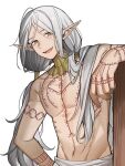  1boy arm_tattoo bamu_(bamu0504) chest_tattoo dungeon_meshi elf gorget green_eyes grey_hair hair_around_ear hair_tubes highres long_hair looking_at_viewer low_twintails lycion male_focus notched_ear pointy_ears simple_background smile solo tattoo topless_male twintails white_background 