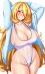  1girl anisdrawn arms_behind_head arms_up blonde_hair blue_jacket blush breasts cleavage cosplay curvy cynthia_(pokemon) grey_eyes grin groin hair_over_one_eye highleg highleg_swimsuit highres jacket large_breasts long_hair looking_at_viewer misty_(pokemon) misty_(pokemon)_(cosplay) one-piece_swimsuit pokemon pokemon_dppt simple_background smile solo strap_gap swimsuit teeth thighs very_long_hair wet white_background white_one-piece_swimsuit wide_hips 