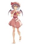  barefoot bat_wings blue_hair blush dessert dress feet food hat highres holding holding_food holding_spoon legs mob_cap pink_dress pudding remilia_scarlet seika_okawari spoon toes touhou wings 