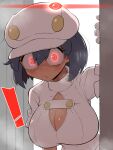  ! 1girl absurdres aether_foundation_employee alpha_pokemon black_hair breasts cleavage doorway eyelashes gameplay_mechanics gloves glowing glowing_eyes hat heavy_breathing highres kurachi_mizuki large_breasts parted_lips pokemon pokemon_usum red_eyes shirt short_hair solo tan white_gloves white_hat white_shirt 