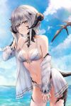  1girl arm_at_side au_ra bikini black_horns black_scales black_tail blue_eyes breasts cleavage cloud cloudy_sky commentary day dragon_girl dragon_horns dragon_tail final_fantasy final_fantasy_xiv grey_hair hand_to_head highres horns looking_at_viewer maho_moco medium_breasts medium_hair midriff navel outdoors scales sky solo swimsuit symbol-only_commentary tail warrior_of_light_(ff14) water white_bikini 