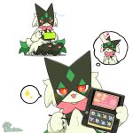  1:1 ambiguous_gender animated anthro biped fur generation_9_pokemon green_body green_fur heart_symbol looking_at_viewer meowscarada nintendo open_mouth open_smile pokemon pokemon_(species) red_eyes short_playtime smile solo thought_bubble tontaro 