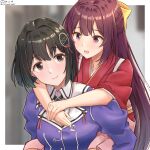  2girls black_hair blush bow breasts brown_eyes carrying commission haguro_(kancolle) haguro_kai_ni_(kancolle) hair_ornament hair_ribbon hakama hakama_skirt jacket japanese_clothes kamikaze_(kancolle) kantai_collection kimono long_hair medium_breasts meiji_schoolgirl_uniform military military_uniform multiple_girls piggyback pink_hakama purple_eyes purple_hair purple_jacket red_kimono ribbon shiromaru_(maniado) short_hair skeb_commission skirt smile uniform yellow_ribbon 