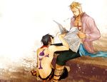  2boys black_hair blonde_hair jolly_roger male_focus marco multiple_boys necklace newspaper one_piece open_shirt pirate portgas_d_ace sash shirt shorts tattoo topless whitebeard_pirates 