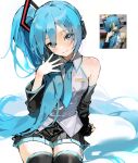  1girl alternate_hairstyle bare_shoulders black_skirt black_sleeves black_thighhighs blue_eyes blue_hair blue_nails blue_necktie closed_mouth collared_shirt derivative_work detached_sleeves hair_ornament hand_up hatsune_miku hatsune_miku_(noodle_stopper) highres hwii_(hwii_myu) long_hair long_sleeves looking_at_viewer miniskirt nail_polish necktie noodle_stopper photo-referenced pleated_skirt reference_inset shirt side_ponytail simple_background sitting skirt sleeveless sleeveless_shirt smile solo thighhighs very_long_hair vocaloid white_background white_shirt zettai_ryouiki 