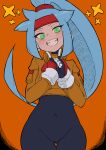  1girl absurdres ashe_(mega_man) black_bodysuit blue_hair blush bodysuit buzzlyears covered_navel cropped_jacket green_eyes high_ponytail highres light_blue_hair long_hair looking_at_viewer mega_man_(series) mega_man_zx mega_man_zx_advent navel no_pants orange_background sharp_teeth simple_background smile solo star_(symbol) teeth 