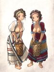  2girls bandana barefoot basket breasts brown_eyes brown_hair dress highres holding ironlily looking_at_viewer multiple_girls nipples original 