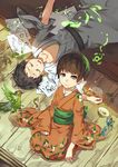  1girl bird bird_request black_hair brown_hair bug butterfly chaun insect japanese_clothes kimono mushishi paper renzu_(mushishi) shinra_(mushishi) short_hair 