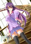  bakemonogatari blue_eyes long_hair mechanical_pencil meso-meso monogatari_(series) necktie pen pencil purple_hair ruler school_uniform senjougahara_hitagi skirt solo stapler stationery thighhighs wooden_pencil zettai_ryouiki 