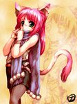  animal_ears cat_ears copyright_request green_eyes hisahiko long_hair pantyhose pink_hair scarf solo tail zoom_layer 