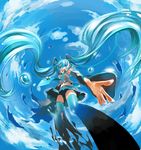  aqua_eyes aqua_hair bad_id bad_pixiv_id cloud day detached_sleeves dissolving foreshortening hands hatsune_miku kudan long_hair necktie skirt sky solo thighhighs twintails very_long_hair vocaloid zettai_ryouiki 