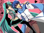  1girl ahoge aqua_eyes aqua_hair bad_id bad_pixiv_id blue_eyes blue_hair blue_scarf detached_sleeves hatsune_miku kaito long_hair necktie scarf short_hair skirt smile thighhighs twintails very_long_hair vocaloid yui_tooru zettai_ryouiki 