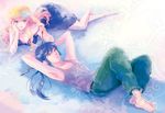  1girl armpits barefoot couple faux_traditional_media feet flower hair_ribbon hetero long_hair lying macross macross_frontier ribbon sanami saotome_alto sheryl_nome strap_slip 