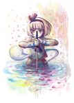  bangs black_hairband blunt_bangs bob_cut cherry_blossoms faux_traditional_media hairband hatoya_hato hitodama katana konpaku_youmu konpaku_youmu_(ghost) orange_eyes petals short_hair solo sword touhou wading water weapon white_hair 