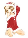  bare_shoulders barefoot blush brown_eyes brown_hair christmas forehead full_body hamao hat k-on! kneeling looking_at_viewer santa_costume santa_hat short_hair simple_background sketch smile solo tainaka_ritsu tiptoes 