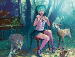  animal aqua_eyes aqua_hair bare_shoulders camisole chair chipmunk deer grand_piano hatsune_miku high_heels instrument jewelry legs long_hair nature necklace outdoors piano reise shoes sitting sitting_sideways solo squirrel tree very_long_hair vocaloid wolf 