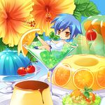  bad_id bad_pixiv_id blue_hair carnelian cherry copyright_request dress flower food fruit gelatin in_food minigirl short_hair solo yellow_eyes 