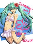  barefoot bikini bikini_skirt breasts cleavage feet flower frills front-tie_top green_eyes green_hair hair_flower hair_ornament hatsune_miku hibiscus isumimax large_breasts long_hair skirt smile solo swimsuit twintails very_long_hair vocaloid water 