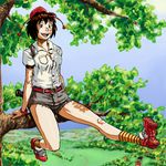  :d adapted_costume arm_support bangs belt blue_sky branch brown_eyes brown_hair buckle camera cutoffs day denim denim_shorts dress_shirt field geta happy hat in_tree landscape legs looking_at_viewer open_mouth outdoors ragathol shameimaru_aya shirt shoes short_hair short_shorts shorts sitting sitting_in_tree sky smile socks solo striped striped_legwear tokin_hat torn_clothes touhou tree 