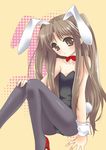  animal_ears bad_id bad_pixiv_id brown_eyes brown_hair bunny_boy bunny_ears bunnysuit crossdressing little_busters! long_hair male_focus naoe_riki otoko_no_ko pantyhose sakasaka solo twintails 