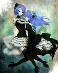  anti_the_infinite_holic_(vocaloid) boots gothic_lolita hair_ornament heterochromia kagamine_rin knee_boots kuroi lolita_fashion long_hair megurine_luka multiple_girls purple_hair thighhighs vocaloid 