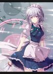  6u_(eternal_land) apron bad_id bad_pixiv_id braid izayoi_sakuya knife maid maid_headdress red_eyes reversed short_hair silver_hair solo touhou twin_braids 