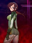  aqua_eyes arms_at_sides ass bad_id bad_pixiv_id bangs blood blood_on_face bodysuit bracer breasts broken_eyewear brown_hair copyright_name cowboy_shot dimples_of_venus floating_hair from_side glasses gloves green_bodysuit hattori_masaki highres large_breasts light_smile long_hair looking_at_viewer looking_back low_twintails makinami_mari_illustrious neon_genesis_evangelion parted_bangs pilot_suit plugsuit rebuild_of_evangelion red-framed_eyewear scrunchie smile solo taut_clothes turtleneck twintails 
