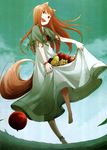  absurdres animal_ears anklet apple ayakura_juu barefoot blush brown_hair fang food fruit grapes hands highres holo jewelry long_hair official_art pear red_eyes scan skirt smile solo spice_and_wolf tail wolf_ears 