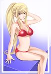  bad_id bad_pixiv_id bikini blonde_hair blue_eyes breasts crossed_legs highres long_hair medium_breasts metroid ponytail samus_aran sitting solo swimsuit tamamon 