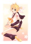  aqua_eyes blonde_hair blush cosplay crossdressing hair_ribbon kagamine_len kagamine_rin kagamine_rin_(cosplay) male_focus midriff mukkun otoko_no_ko ribbon siblings solo twins vocaloid 