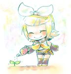  bad_id bad_pixiv_id blonde_hair chibi closed_eyes detached_sleeves hair_ornament hair_ribbon hairclip headphones kagamine_rin plant ribbon sailor_collar shimabo short_hair shorts smile solo thighhighs vocaloid watering_can 