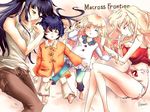  2girls blonde_hair blue_hair blush breasts brown_eyes child cleavage closed_eyes couple family hanon_(nonty) hetero if_they_mated legs long_hair macross macross_frontier medium_breasts multiple_boys multiple_girls pink_hair saotome_alto sheryl_nome short_hair sleeping 