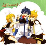  2boys bad_id bad_pixiv_id blonde_hair blue_eyes blue_hair blue_scarf closed_eyes hair_ornament hair_ribbon hairclip headphones kagamine_len kagamine_rin kaito multiple_boys necktie nia_(four_winds) ribbon scarf short_hair shorts siblings smile sweat tomato twins vocaloid yellow_neckwear 