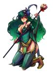 9wa bad_id bad_pixiv_id boots breasts cape cleavage detached_sleeves final_fantasy final_fantasy_iv green_hair green_legwear hair_ornament jewelry large_breasts long_hair older rydia solo staff thighhighs yellow_footwear 