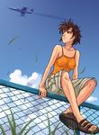  aircraft airplane bad_id bad_pixiv_id brown_eyes brown_hair camisole chain-link_fence cloud condensation_trail crossed_legs day earrings f-104_starfighter fence grass jet jewelry messy_hair original sandals short_hair shorts sitting sky smile solo tomoshiki 