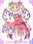  :d bad_id bad_pixiv_id blonde_hair border character_name fang flandre_scarlet hand_behind_head hand_on_hip hat navel one_side_up open_mouth ponytail pose red_eyes short_hair smile solo subachi touhou wing_ribbon wings 