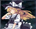  bad_id bad_pixiv_id blonde_hair border bow braid buttons closed_eyes hair_bow hat kirisame_marisa long_hair night night_sky side_braid sky smile solo star_(sky) starry_sky subachi touhou upper_body witch_hat 