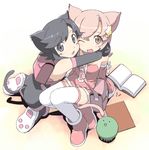  :o ;d animal_ears backpack bag black_hair blush blush_stickers body_blush book brown_eyes cat_ears cat_tail copyright_request fang grey_eyes hair_ornament hug kanzaki_hiro kneeling looking_at_viewer looking_back multiple_girls one_eye_closed open_mouth paw_shoes pink_hair randoseru shoes short_hair simple_background sitting smile star tail thighhighs zettai_ryouiki 