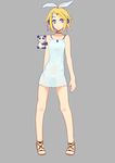  ameya_shioichi blonde_hair bow breasts choker covered_navel dress hair_bow hair_ornament hairclip headphones kagamine_rin panda sandals see-through small_breasts solo stuffed_animal stuffed_panda stuffed_toy vocaloid white_dress 