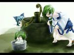  blue_hair bucket cirno green_hair highres in_bucket in_container kisume kochiya_sanae letterboxed multiple_girls poker-face-008 touhou water well 