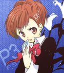  brown_eyes brown_hair card female_protagonist_(persona_3) holding holding_card persona persona_3 persona_3_portable school_uniform solo unohana_tsukasa 