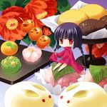  :t bad_id bad_pixiv_id barefoot black_hair braid carnelian chibi copyright_request flower food in_food long_hair minigirl pout red_eyes solo twin_braids twintails 