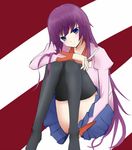  bakemonogatari blue_eyes kokku_kawasaki long_hair monogatari_(series) purple_hair school_uniform scissors senjougahara_hitagi skirt solo thighhighs zettai_ryouiki 