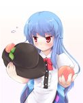  :&lt; blue_hair blush food fruit giving hat hat_removed headwear_removed hinanawi_tenshi holding holding_food holding_fruit holding_hat long_hair looking_away niiya peach red_eyes sharing_food solo sweatdrop touhou tsurime 