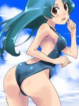  ass blush brown_eyes green_hair long_hair looking_back mas one-piece_swimsuit original solo swimsuit 