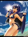  amausa bikini black_wings blue_eyes blue_hair day kusanoou_(amausa) open_mouth retsumaru short_hair solo sun sunglasses swimsuit towel wings wristband 